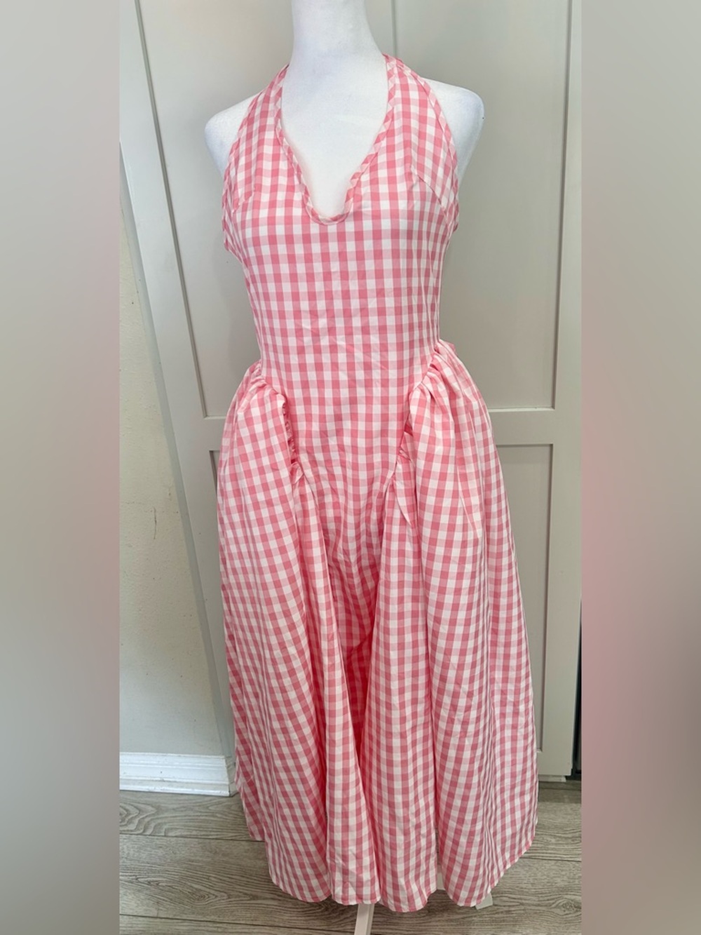 Pink Retro Gingham Halter Midi Dress SZ M
